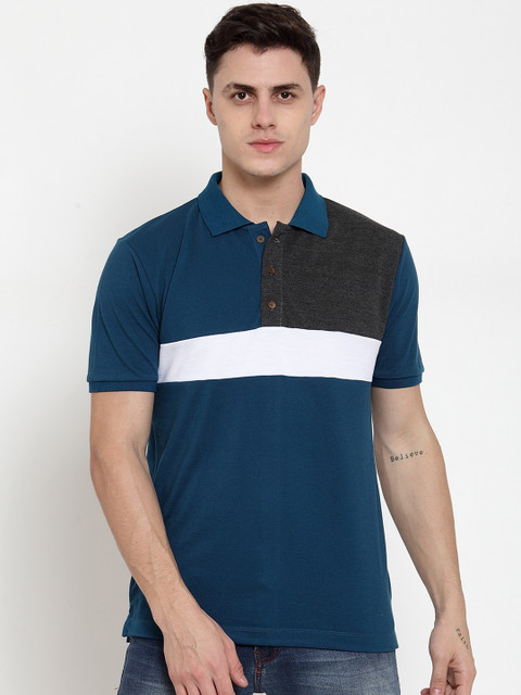 

Kalt Men Teal Blue & White Colourblocked Polo Collar T-shirt