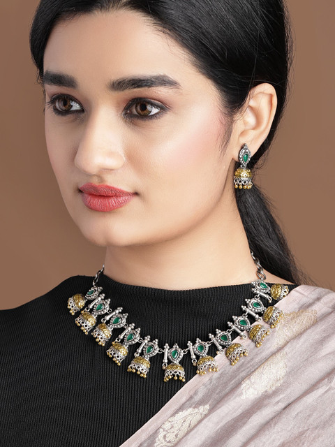 

Rubans Oxidised Silver-Plated Gold-Toned & Green Stone-Studded Handcrafted Jewellery Set
