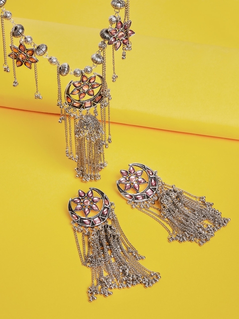 

GloBox By ZeroKaata Silver-Plated Pink Stone-Studded Tribal Jewellery Set