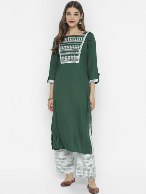 

CHRISTEENA Women Green & White Yoke Design Kurta with Palazzos