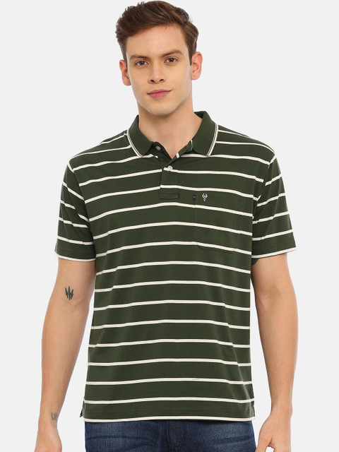

Classic Polo Men Green & White Striped Polo Collar T-shirt