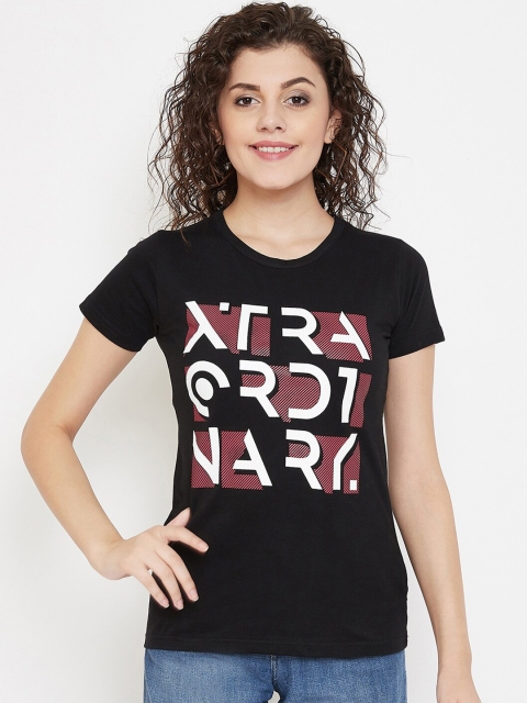 

Purple Feather Women Black Printed Round Neck T-shirt