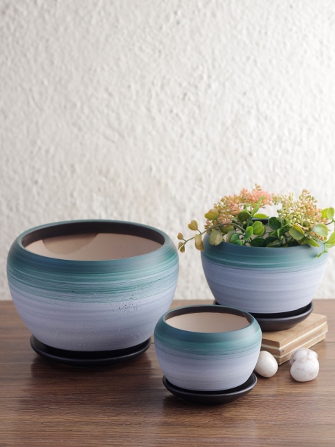 

Aapno Rajasthan Set Of 3 Green & White Hand-Painted Ceramic Planters