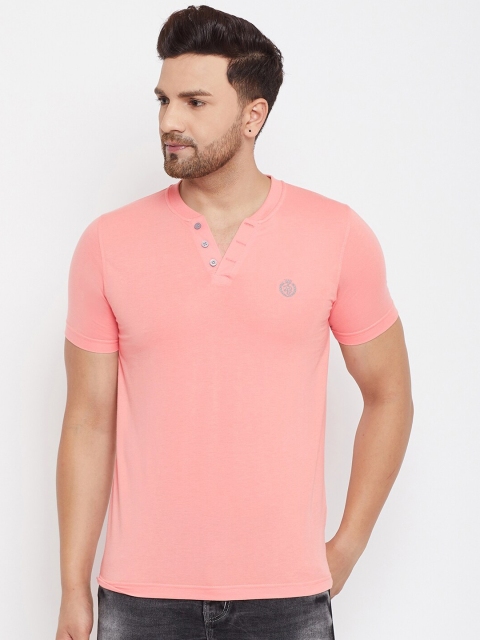 

Adobe Men Peach-Coloured Solid V-Neck T-shirt