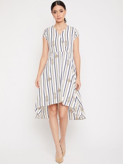 

Crimsoune Club Women Cream-Coloured Striped Fit and Flare Dress