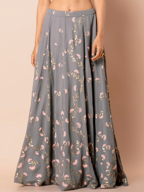 

INDYA Women Grey & Pink Printed Flared Maxi Skirt