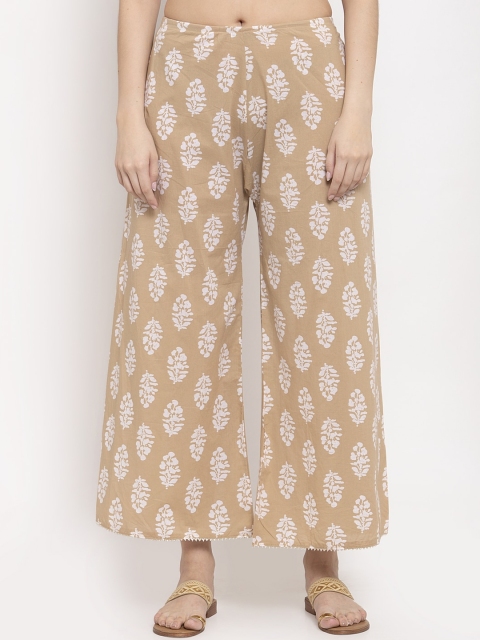 

TAG 7 Women Beige & White Printed Straight Palazzos