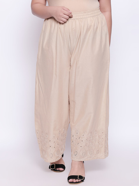 

RANGMANCH PLUS by Pantaloons Women Beige Hem Design Wide Leg Palazzos