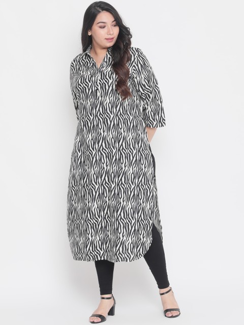 

Amydus Women Plus Size White & Black Animal Print Straight Kurta