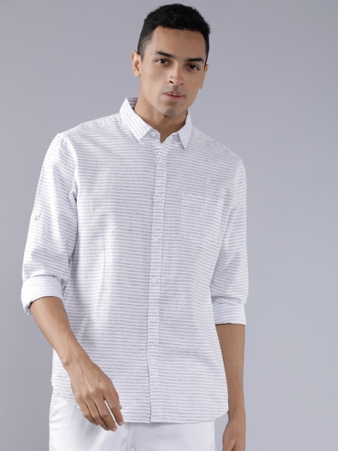 

HIGHLANDER Men White & Grey Slim Fit Striped Casual Shirt