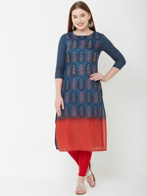 

FASHOR Women Navy Blue & Red Floral Printed Sequin Embellished Straight Kurta