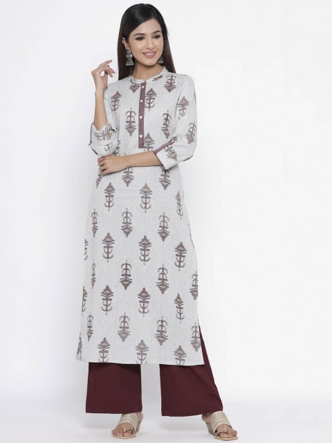 

Silai Bunai Women Grey & Maroon Printed Straight Kurta