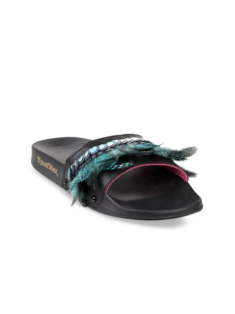 

KazarMax Women Black & Green Embellished Sliders