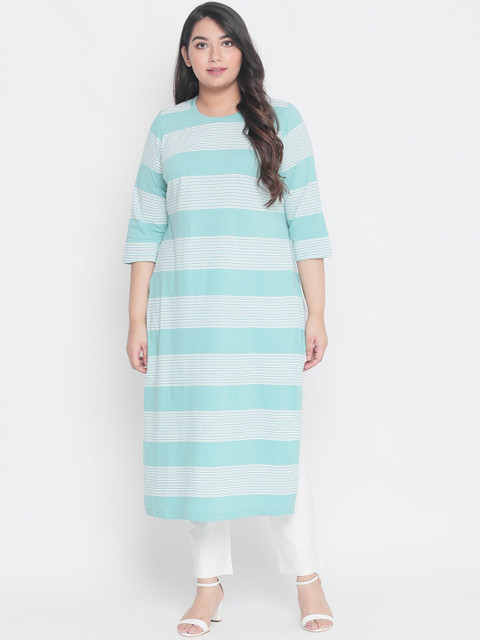 

Amydus Women Plus Size Sea Green & White Striped Straight Kurta