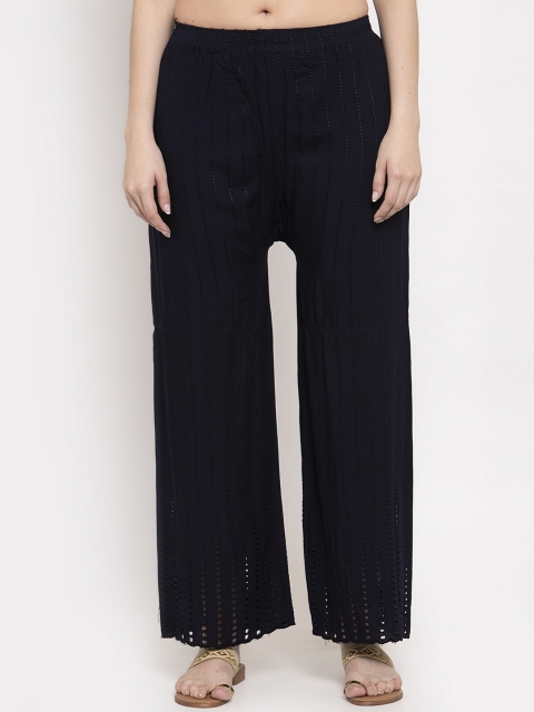

TAG 7 Women Navy Blue Embroidered Straight Fit Palazzos