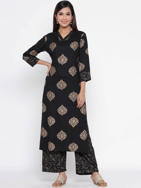 

Silai Bunai Women Black & Gold Printed Kurta with Palazzos Set