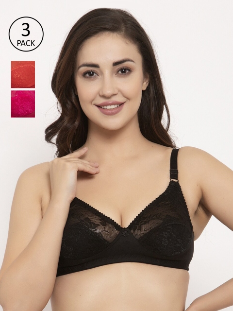 

GRACIT Pack Of 3 Lace Non-Wired Non Padded Balconette Bra PW3-01-03-07, Black