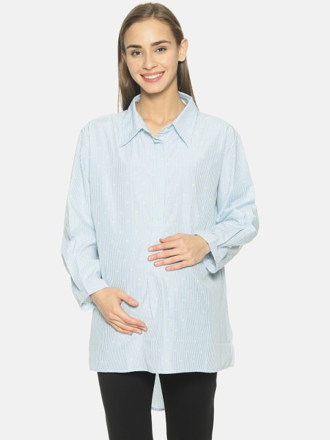 

The Mom Store Women Blue Boxy Striped Maternity Shirt