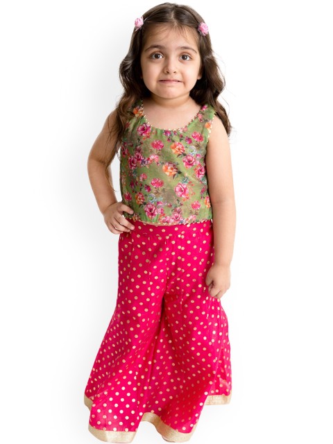 

Lil Peacock Girls Pink & Green Printed Top with Palazzos