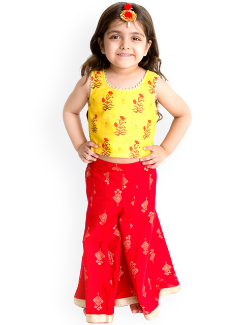 

Lil Peacock Girls Red & Yellow Floral Printed Top with Palazzos