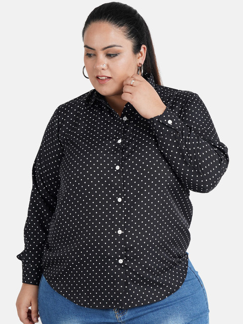 

Indietoga Women Black Relaxed Slim Fit Polka Dot Printed Plus Size Casual Shirt
