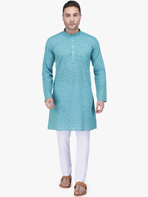 

RAJUBHAI HARGOVINDAS Men Turquoise Blue & Brown Floral Hand-Block Printed Handloom Kurta
