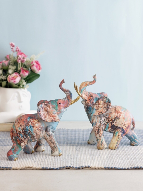 

TAYHAA Set Of 2 Brown & Blue Polyresin Elephant Showpieces