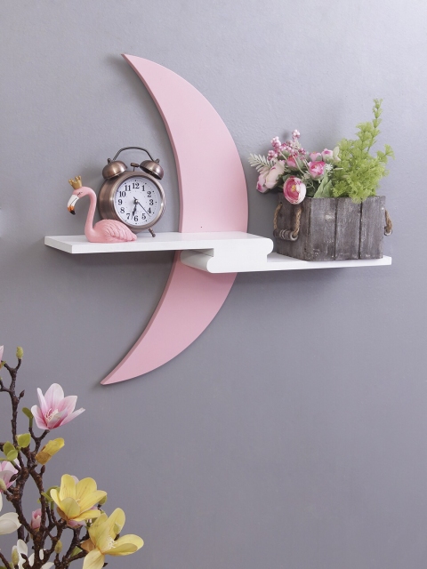 

WISHTANK Pink & White Half Moon Shape MDF Basic Wall Shelf