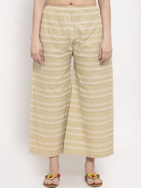 

TAG 7 Women Beige & Silver-Toned Foil Printed Flared Palazzos