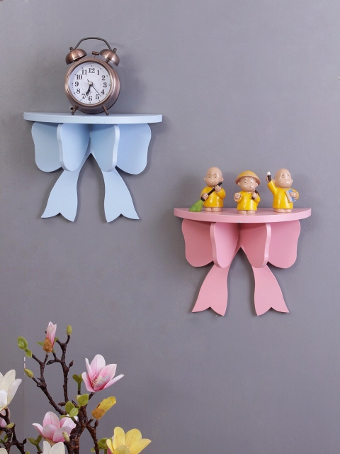 WISHTANK Set Of 2 Ribbon Bow Shape MDF Basic Wall Shelves, Pink