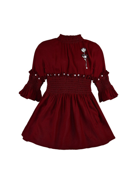 

Wish Karo Girls Maroon Self Design Fit and Flare Dress