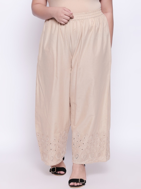 

RANGMANCH PLUS by Pantaloons Women Beige Hem Design Wide Leg Palazzos
