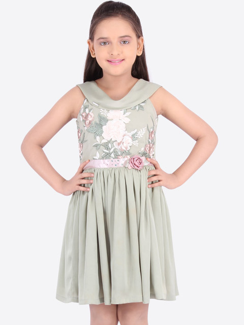 

CUTECUMBER Girls Sage Green Self Design Fit and Flare Dress