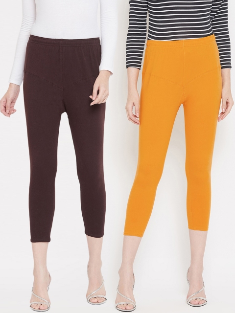 

Tulsattva Women Pack Of 2 Solid Three-Fourth Length Leggings, Coffee brown