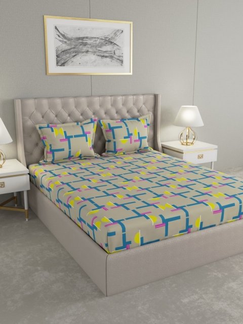 Raymond Home Beige Abstract 104 TC Cotton 1 Queen Bedsheet with 2 Pillow Covers