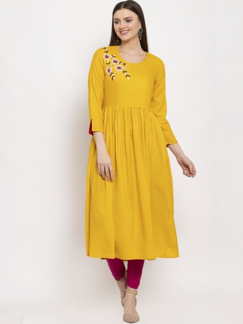 

Aujjessa Women Yellow Solid Embroidered Detail Anarkali Kurta