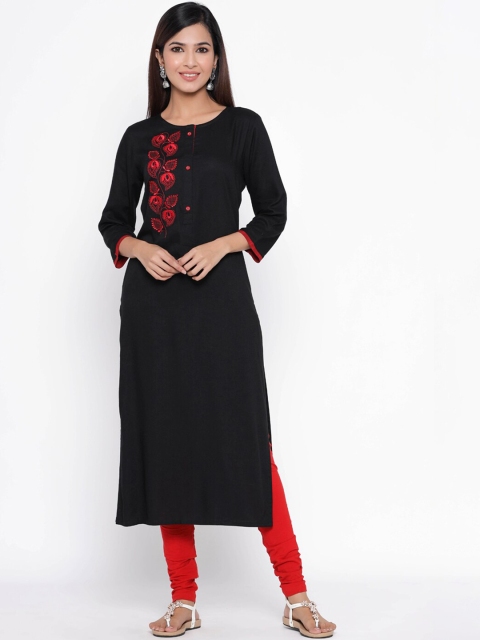 

Silai Bunai Women Black & Red Embroidered Straight Kurta