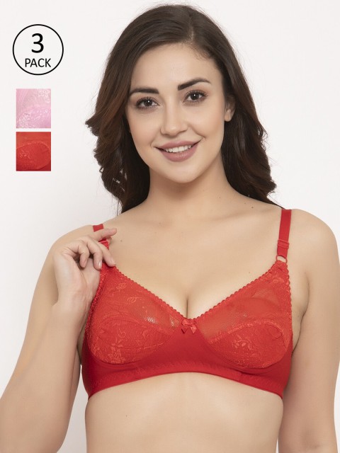 

GRACIT Pack Of 3 Lace Non-Wired Non Padded Balconette Bra PW3-03-03-10, Red
