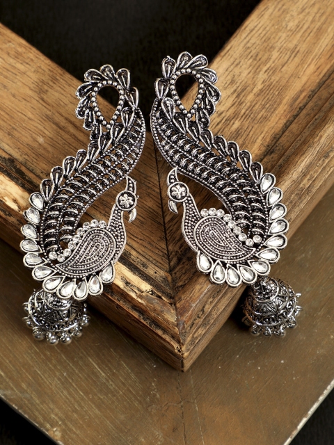 

ANIKAS CREATION Silver-Plated Peacock Shaped Jhumkas