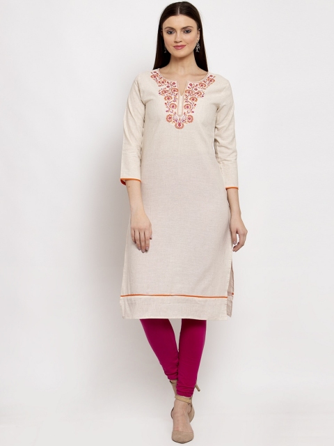 

Aujjessa Women Off-White & Pink Yoke Design Embroidered Straight Kurta