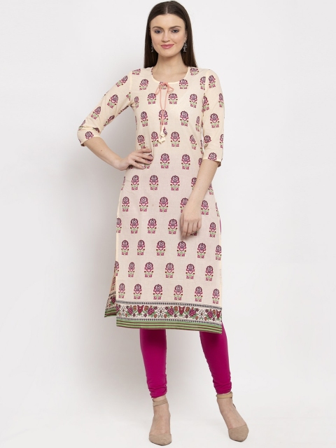 

Aujjessa Women Cream-Coloured Printed Straight Kurta