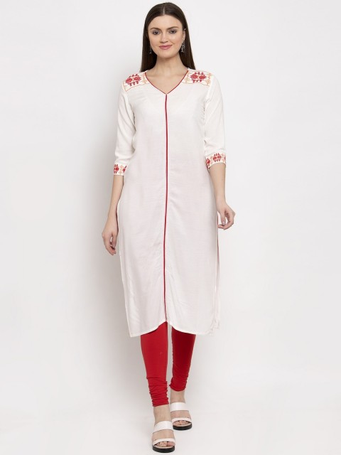 

Aujjessa Women Cream-Coloured Solid Straight Kurta