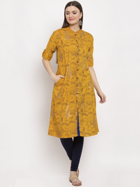 

Aujjessa Women Mustard Yellow Printed A-Line Kurta