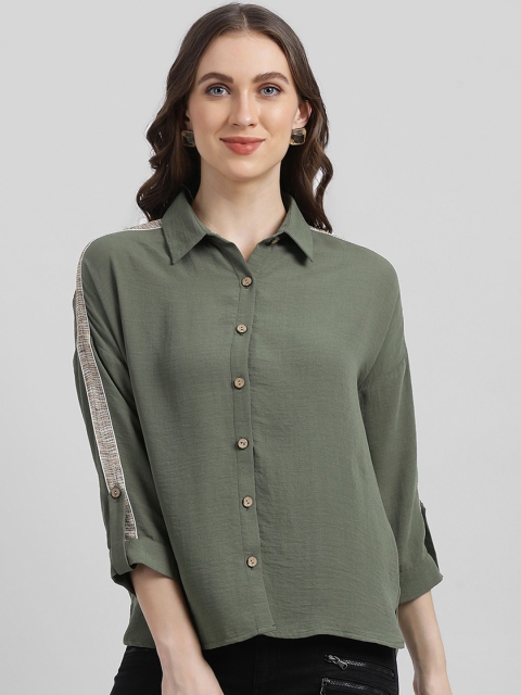 Zink London Women Green Slim Fit Solid Casual Shirt