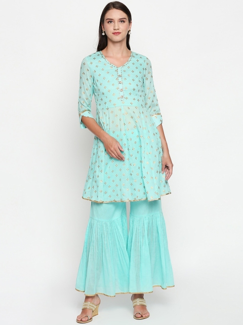 

Lobaanya Women Blue & Gold-Coloured Embroidered Anarkali Kurti