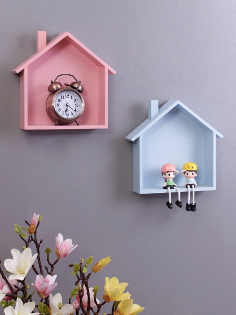 

WISHTANK Set Of 2 Small House Shape Solid MDF Basic Wall Shelves, Pink