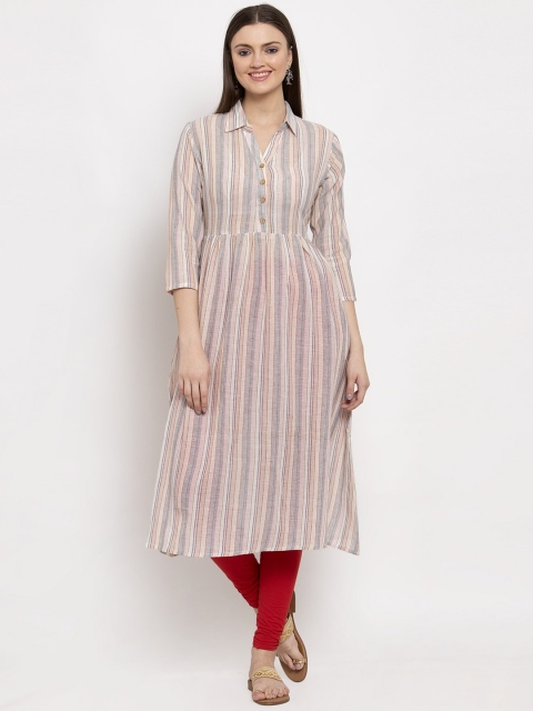 

Aujjessa Women Peach-Coloured Striped A-Line Kurta