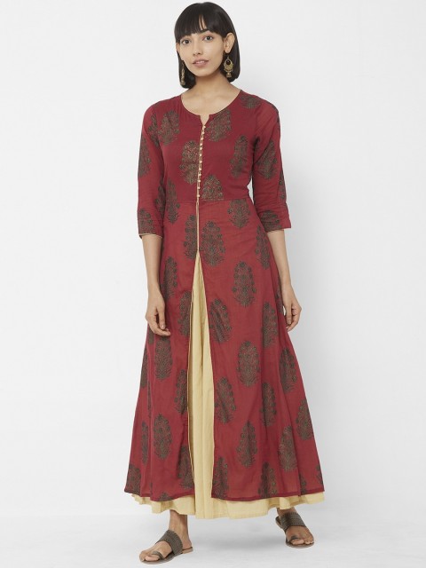 

Vedic Women Maroon Printed Maxi Dress