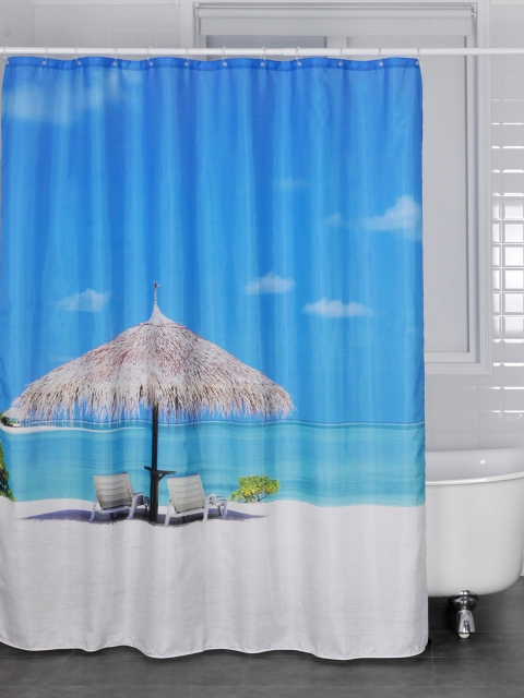 

OBSESSIONS Blue & White Leisure Beaches Glam Shower Curtain With Hooks