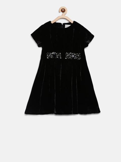 

Cherry Crumble Girls Black Self Design A-Line Dress